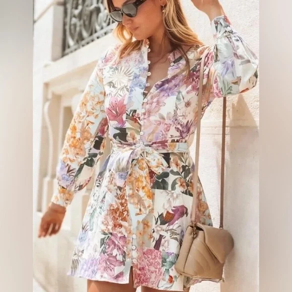 Zara Floral Parrot Button Up Belted Mini Linen Dress XS blogger fav - Picture 3 of 12